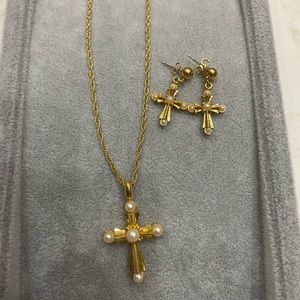 17 inch Gold Avon Cross Necklace and Earrings